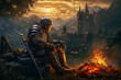 Knight in armor resting by fire. Castle, mountains backdrop at sunset