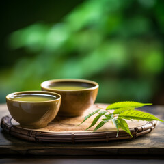 Canvas Print - Green Tea - Teacups On Bamboo Mat