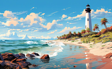 Wall Mural - Illustration of a beach with a lighthouse in the background