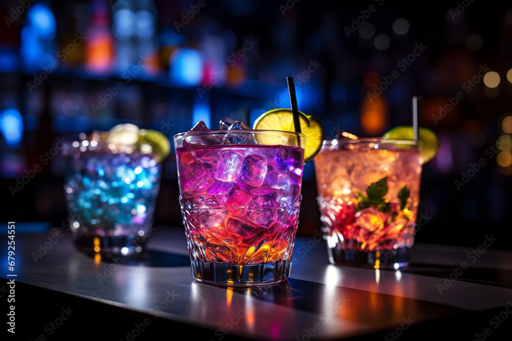 Colorful cocktails in a glass on the bar counter, neon lights on dark ...