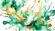 Jade green and gold paint splatter on white background. Generative ai