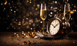 Happy new year background with champagne and a clock, count down to new year
