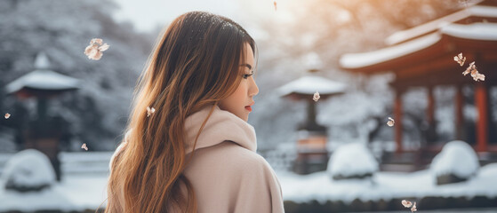 Wall Mural - Image of an woman in the winter, with japanes winter landscape bokeh in the background, with empty copy space	