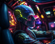 Science Fiction Szene - fremdes Raumschiff mit Alien im Cockpit Pilot Kommandant