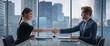 canvas print picture - Female and Male Business Partners Sign Successful Deal and Shake Hands in Meeting Room in Skyscraper Office. Corporate CEO and Investment Manager Handshake on Financial Opportunity.