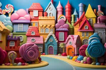 A small town made of candy and sweets. Backdrop for children's parties