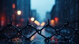 Fototapeta  - Bokeh of a night city through a damaged wire mesh fence