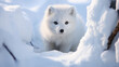 An arctic fox in the snow looking through the branches.
