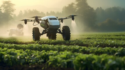 Wall Mural - An advanced autonomous robot drone equipped with sensors and AI technology is operating in an agricultural field, showcasing the latest in smart farming automation and precision agriculture.