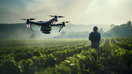 Poster - An advanced autonomous robot drone equipped with sensors and AI technology is operating in an agricultural field, showcasing the latest in smart farming automation and precision agriculture.