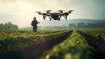 Poster - An advanced autonomous robot drone equipped with sensors and AI technology is operating in an agricultural field, showcasing the latest in smart farming automation and precision agriculture.