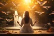 Young woman meditating in lotus position with flying pigeons in the park, rear view of woman praying and free bird and enjoying nature, AI Generated