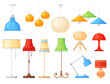 Cartoon lamps. Home interior floor and table torcheres with different lampshades, room illumination. Isolated furniture, neat decor png set