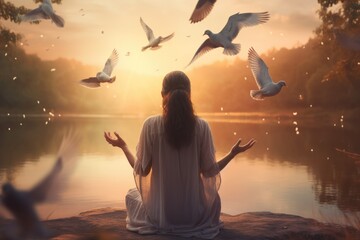 Young woman meditating in lotus position with seagulls flying around her at sunset, rear view of woman praying and free bird and enjoying nature, AI Generated