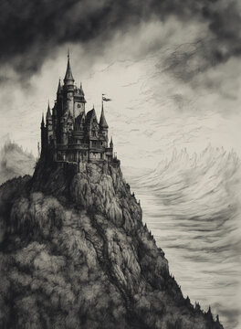 illustrazione di antico e ameno castello su rocce erte e scoscese illuminato da una grande luna, inchiostri su carta