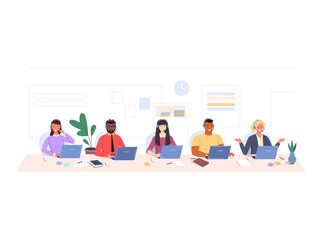 Poster - Hotline center workers. Call centres office, customer service work, workers with headsets telephone, support operator, contact services employee, garish cartoon png illustration