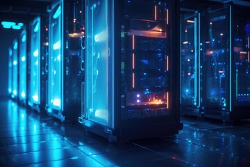 Sticker - network server room data center with rows of hard drives. 3d rendering, Row of network servers with glowing LED lights, AI Generated