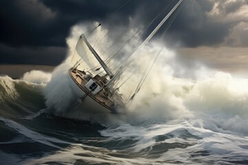 Canvas Print - Sailing boat in stormy sea. 3D render illustration, sail boat on rough water, AI Generated