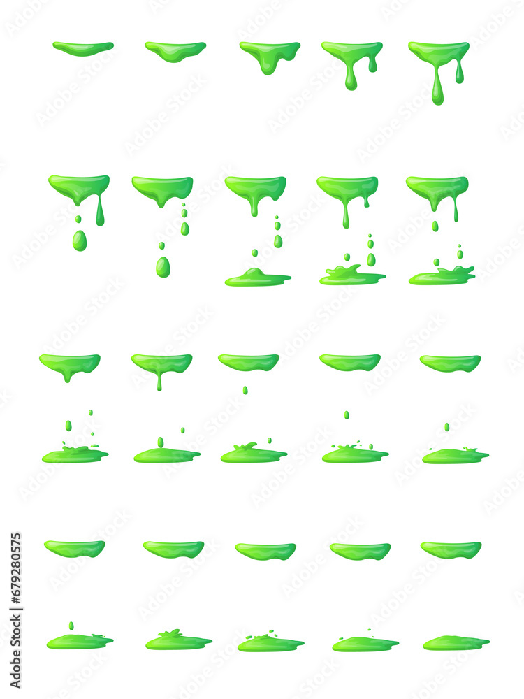 Slime animation. Liquid green drop, cartoon splash poison drip, toxic ...