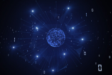 Digital computer technology sphere with binary numbers illustration background.