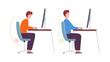 Correct posture computer. Ergonomic seat office workstation, character sit in proper pose at desk on chair, instruction good right position, healthy back splendid png illustration