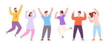 Friends Celebrating Win. Happy People Celebrate Success In Achievement Business Goals, Lucky Team Winners Jumping Excited, Community Victory Persons Flat Splendid Png Illustration