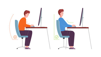 Correct posture computer. Ergonomic seat office workstation, character sit in proper pose at desk on chair, instruction good right position, healthy back splendid png illustration