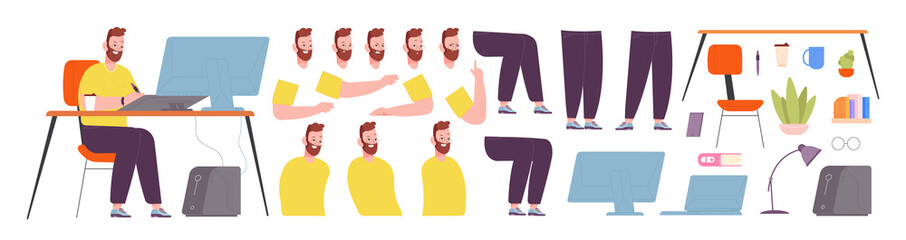 Poster - Designer character animation. Design cartoon man, set expressions emotions face and poses male arm, work at pc in office, funny programmer or businessman