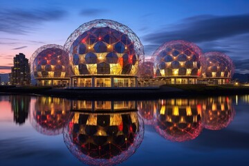 Wall Mural - The modern structure of the Moscow State University at night, Science World in Vancouver, Canada, AI Generated