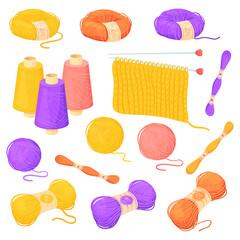 Wall Mural - Cartoon wool threads. Clew thread bobbin for yarn, string roll knit ball, skein rope, natural woolen weave cloth, isolated weaving knitting sewing items, neat png illustration