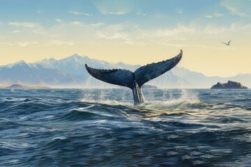 Sticker - Humpback whale in the ocean. 3D render illustration, Seascape with Whale tail, AI Generated