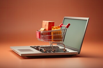 Poster - Shopping cart with gift boxes on laptop. Online shopping concept, Shopping cart and shopping bags on laptop. Online shopping concept, AI Generated