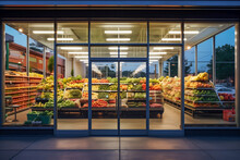 Modern Grocery Storefront, Vibrant Produce Display, City Street View.