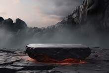 A Round Stone Podium On Top Of A Cliff With Neon Lighting Or Hot Lava Inside. Minimalist Design With White Steam Or Smoke To Display Fashion Products