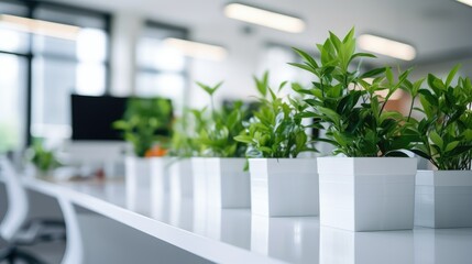 Poster -  a row of white planters sitting on top of a white counter next to a white chair in a room.