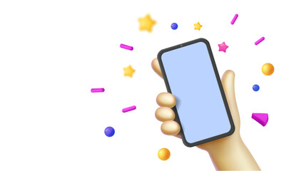Cartoon hand holding mobile smart phone with confetti and stars flying around. Smartphone in hand Blank screen template. Vector illustration on white background