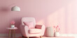 Pastel pink wall and children's room with an armchair. The sun enters the room, minimalist design with copy space