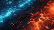 Abstract 3D blocks in contrasting orange and blue tones with a glowing fracture