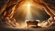Inside the cave with empty wooden manger. Birth of Jesus Christ.