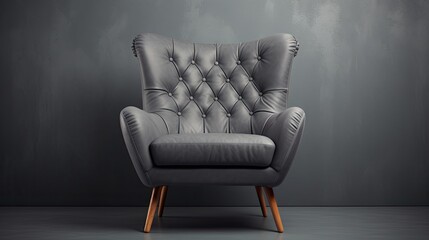 Poster -  a gray leather chair with wooden legs in front of a gray wall with a black background and a wooden frame.