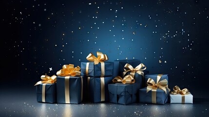 Wall Mural -  a group of presents that are wrapped in blue paper with gold ribbons and bows on a blue background with stars.