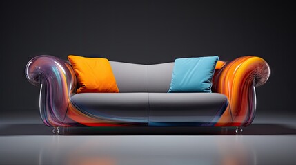 Poster -  a multicolored couch sitting on top of a floor next to a black wall with a mirror on it.