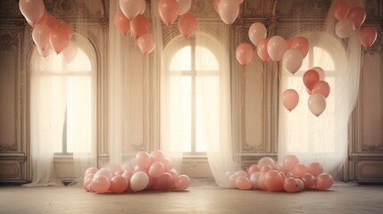 Wall Mural - A dreamy composition of balloons gently floating in a room, creating an ethereal atmosphere.