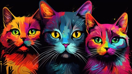 Sticker -  a group of three colorful cats sitting next to each other in front of a black background with yellow, orange, and green eyes.