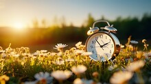 Concept, Daylight Saving Time. Sommer Time, Winter Time, Changeover, Switch Of Time. Sommer Or Winter Time. Clock As A Timer For Celebrations. Spring Flowers, Grass, Blue Sky, Green Trees.