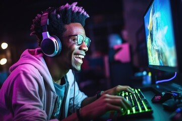 Happy professional male gamer playing video games on personal computer wearing gaming headset