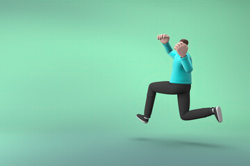 Wall Mural - Man in casual clothes making gestures while pushing or running. 3D rendering of a cartoon character