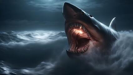 Wall Mural -  Huge evil monster shark in the open sea at night 