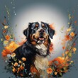 Bernese Mountain Dog surrounded by flowers and splashes of paint on a gradient gray background. High quality illustration