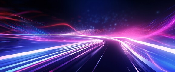 Poster - 3d Neon light effect glowing trails. Colorful Light motion speed background. Motion blur long time effect. Technology 5g design concept. Laser beam sparkling on dark scene. Fast moving to futuristic.